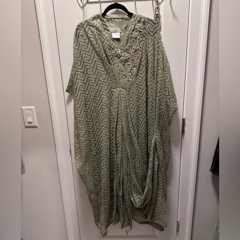 Sage Green Sequined Pakistani Kaftan with Batwing sleeves- Designer Jeem